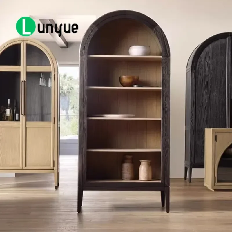 Traditional Wood Arched Bookcase Wine Cabinet Wall Mounted Home Office Locker with Decorative Elements for Living Room