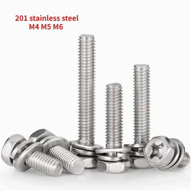 50/100pcs 201 Stainless Steel Cross Hexagonal Triple Combination Screw Recessed Bolt with Flat Spring Washer M4 M5 M6