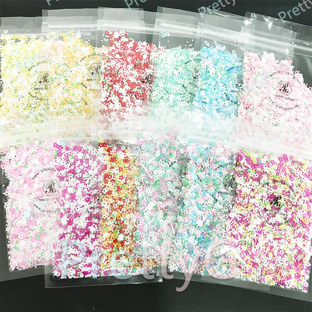 PrettyG Groothandel Pastel Bloem Groen Blad Mengen Glitter Vorm Lente Glitter Pailletten voor Art Craft Nageldecoratie Accessoires