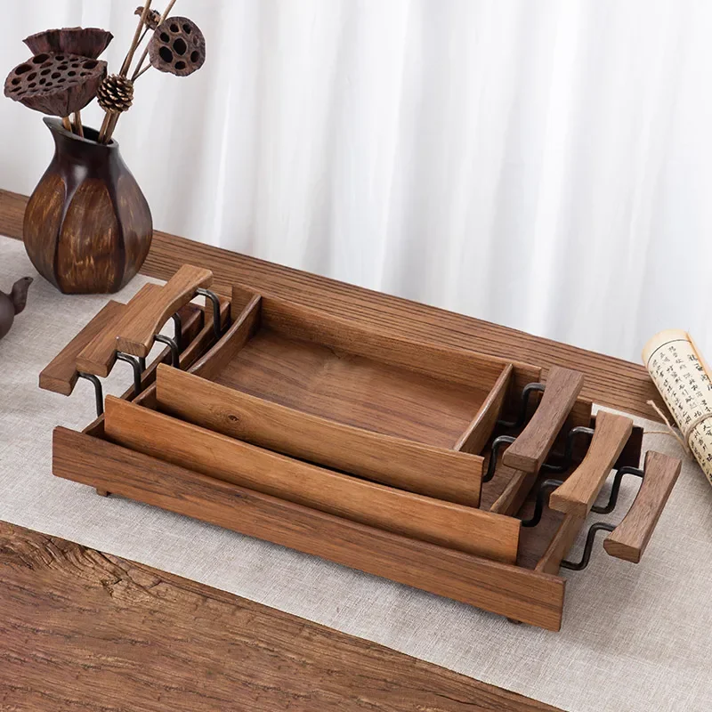 Thai solid wood tray, rectangular household tea cup, water cup, set storage , Japanese wooden vintage Zen