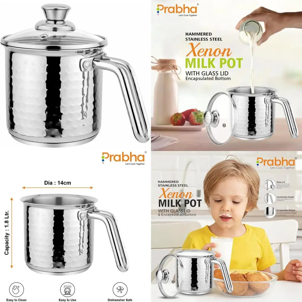

Stainless Steel Hammered Milk Boiler with Glass Lid, Compatible for Induction and Gas Stoves