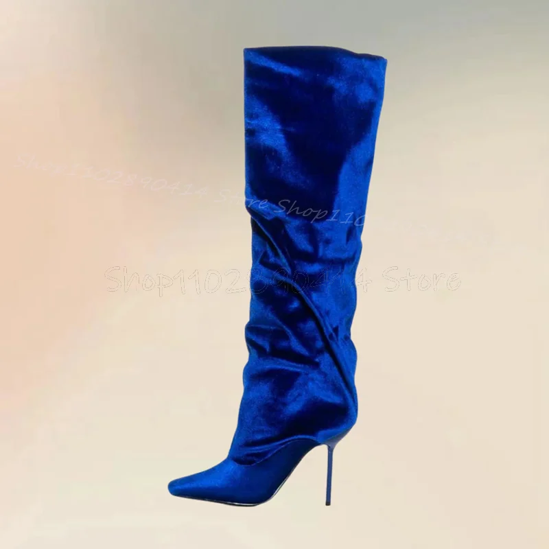 Botas femininas de veludo quadrado azul, sapatos de deslizamento, salto alto fino, moda nova, festa de banquete, 2024