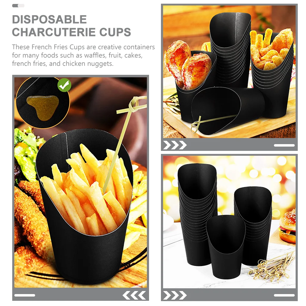 50 Pcs French Fries Thickened Black Kraft Paper Slanted Cup Compact Snack Holders Waffles Packing Cups Fry Holding