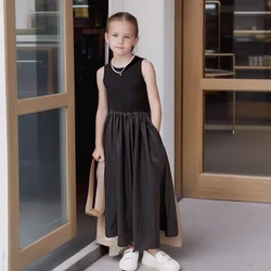 Girls Black Dress High-waisted Temperament A-line Sundress French Herben-style Sleeveless Patchwork Knitted Dresses for Kids