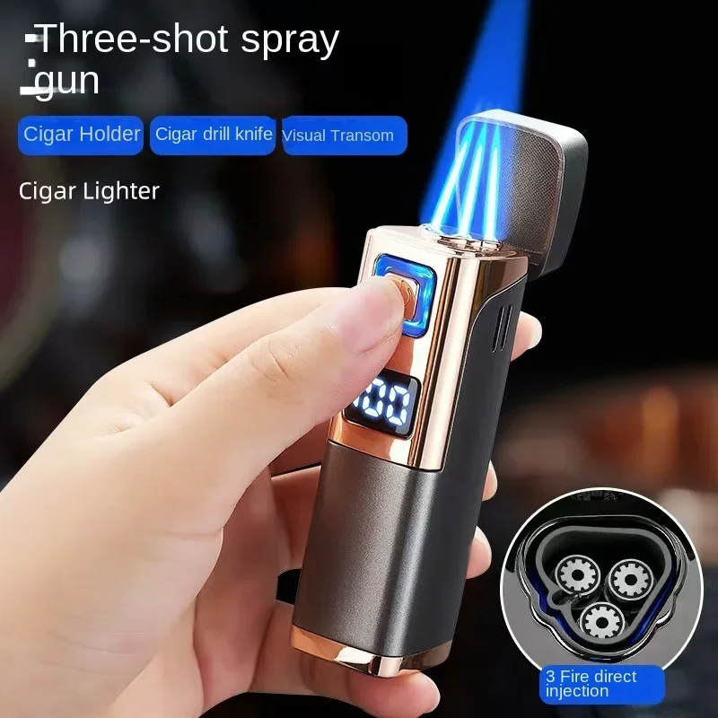 2025New Direct Injection Triple Flame Blue Flame Cigar Special Lighter Gas and Electric Two-in-one Portable Cigar Cutter Igniter