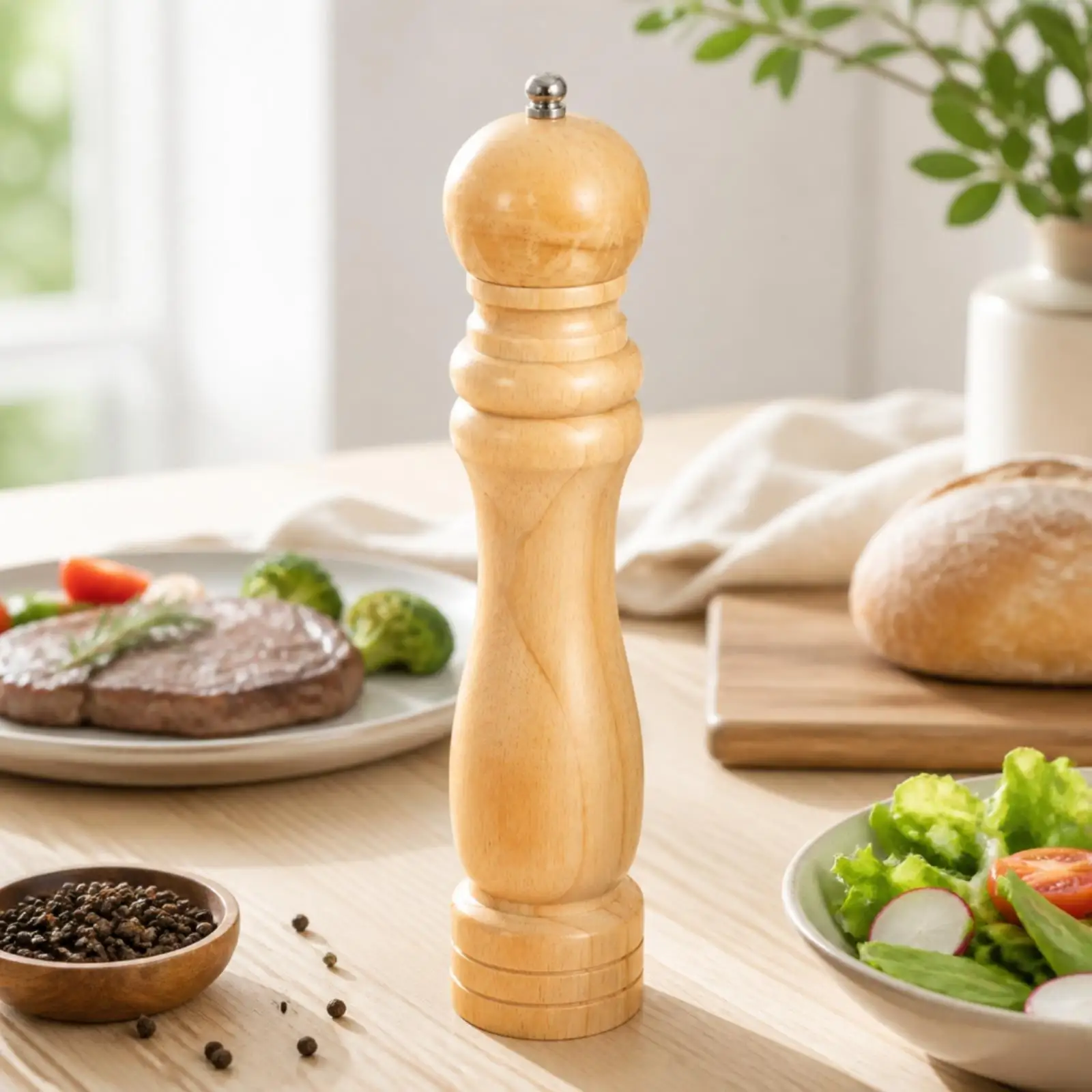 Wooden Pepper with Metal Knob Easy to Use Oak Wooden Pepper Mill Mill Refillable Hand-Operated Spice Mill for Kitchen, Dining