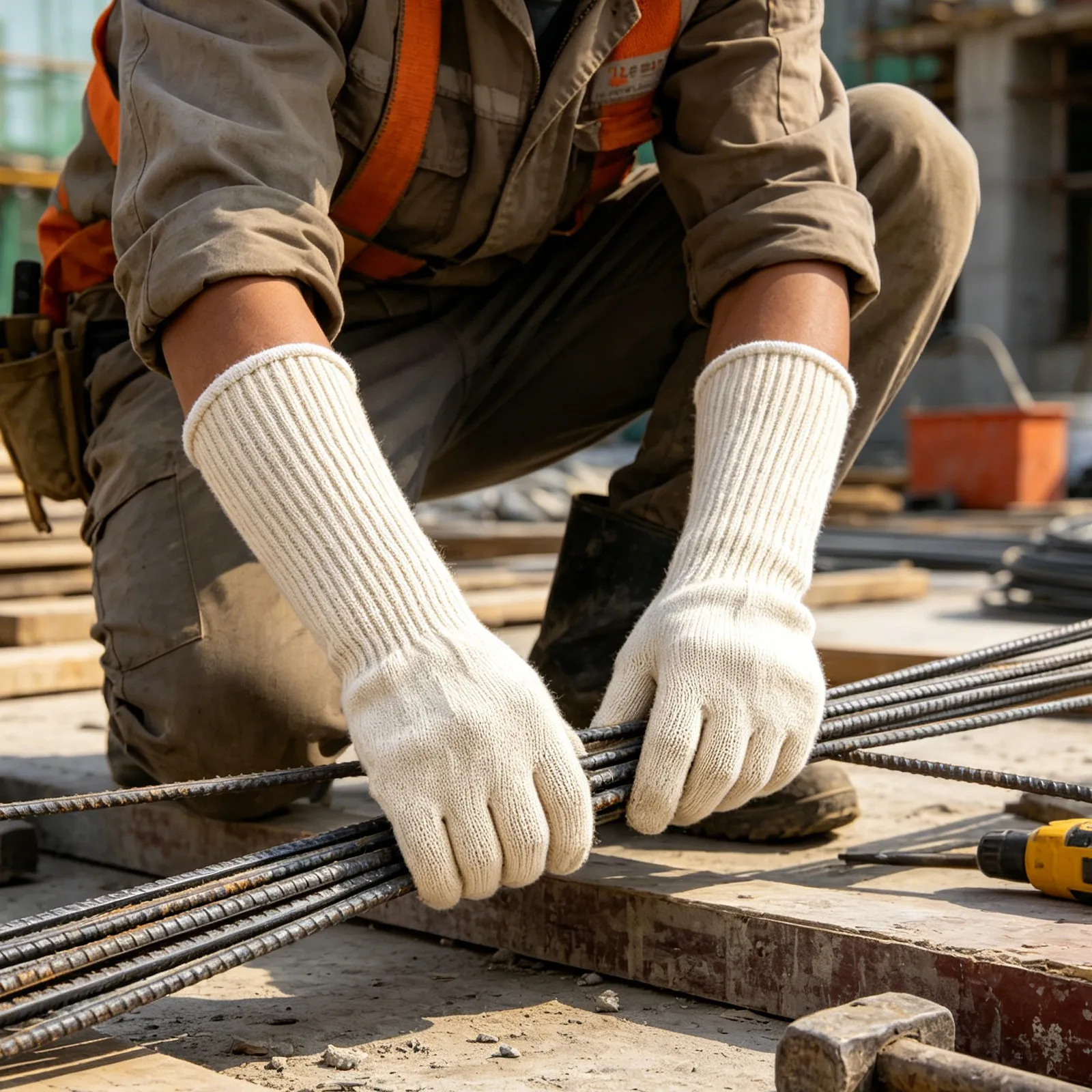 5Pairs Nylon String Long Sleeve Work Gloves Abrasion Resistant Reinforced Cuff Safety Gloves for Construction Warehouse