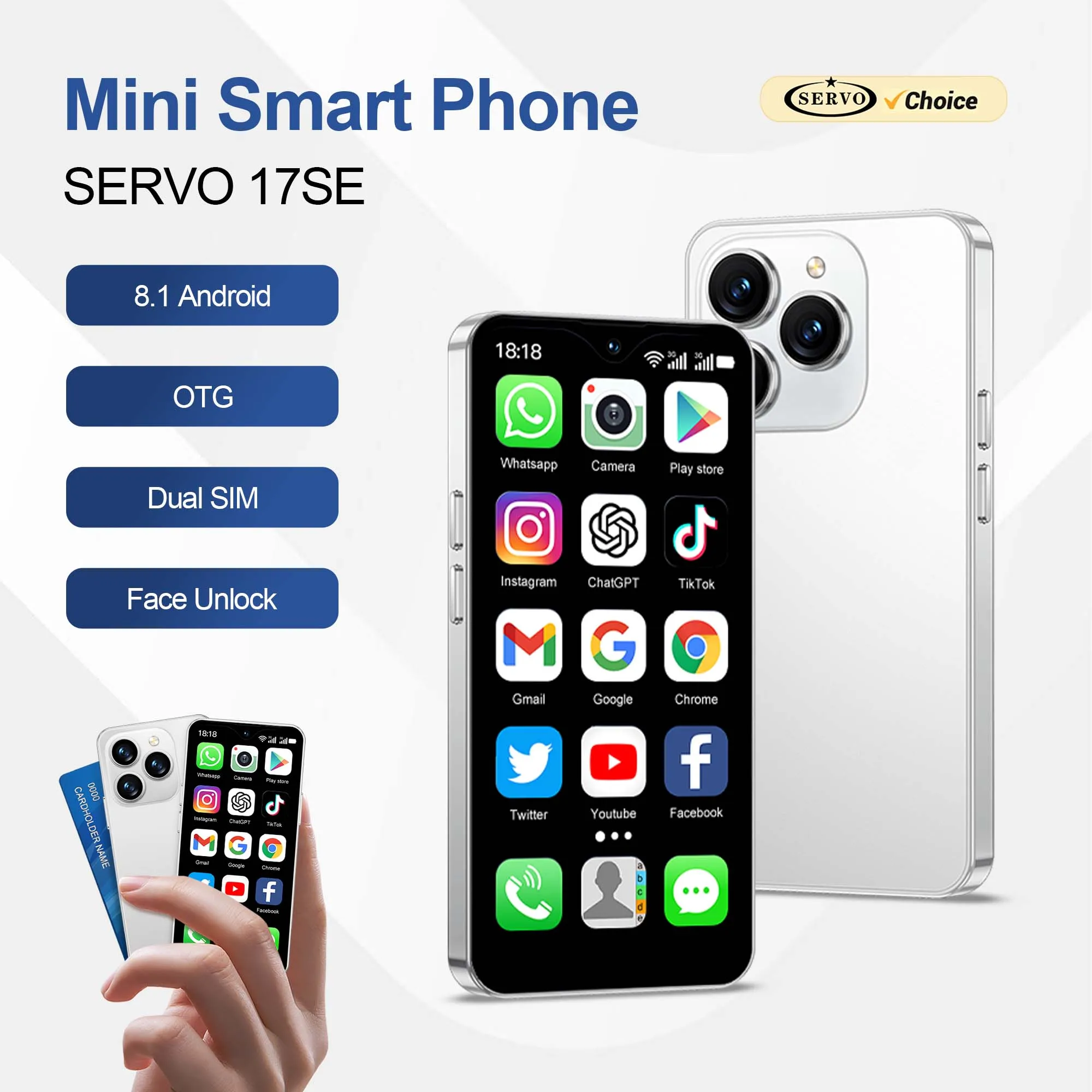 SERVO 17SE Mini Cute 4G Smartphone Android 8.1 16GB ROM 2 SIM Standby HD Camera GPS OTG Bluetooth Play Store Small Pocket Phone