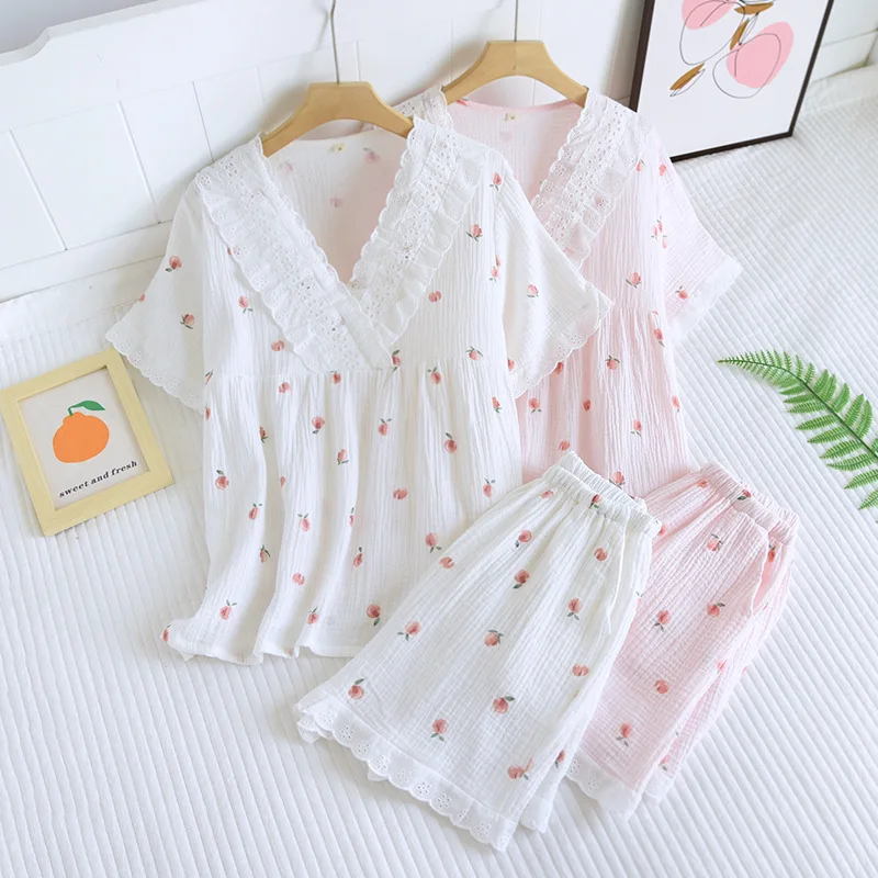 Japanese summer new women\'s pajamas short-sleeved shorts two-piece set 100% cotton crepe V-neck large size homewear suit women