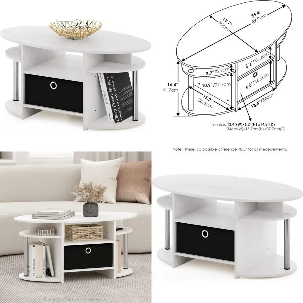 

Овальный журнальный столик с ящиком для хранения для гостиной, белый дуб и хромированная отделка, черные акценты
