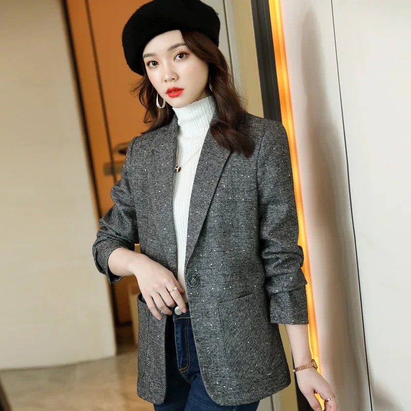 

UNXX in Stock - Sequin Blazer Jacket for Women 2022 Autumn Winter New Casual Petite Stylish Wool Thick Suit Coat High Quality