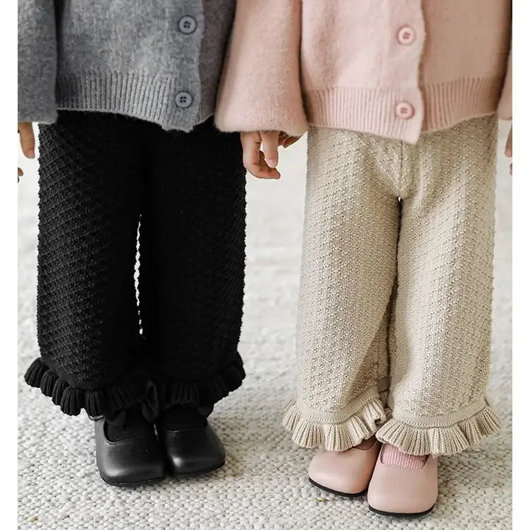 Autumn Cute Girls Knitted Pants Lace for Girls Solid Color Pants for Childrens Wide Leg Pants kids clothes sweatpants