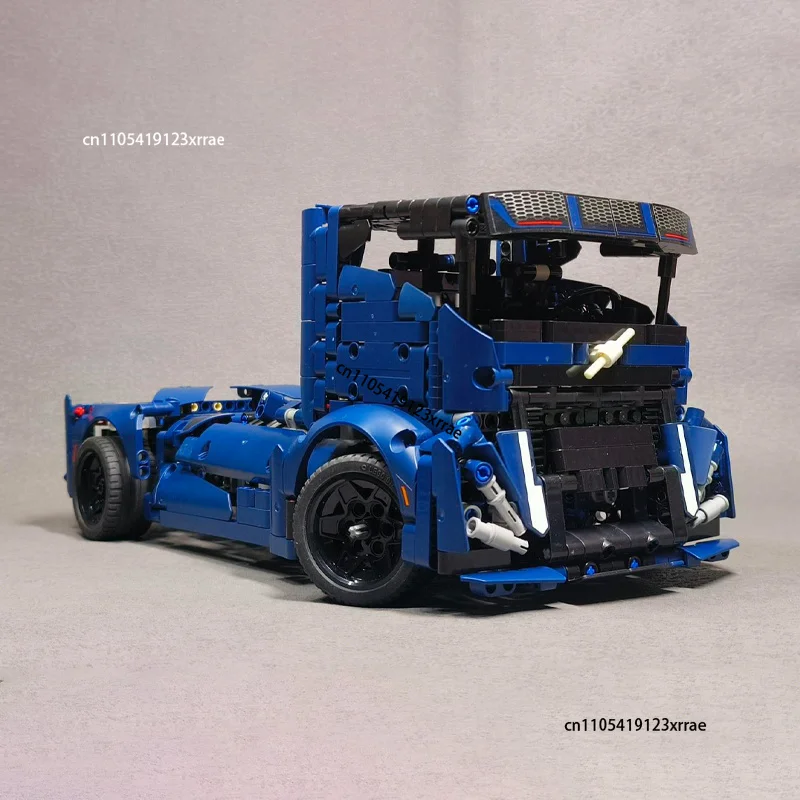 Hot MOC Blue IRON KNIGHT RACING TRUCK Semi-Trailer Buiding Block DIY Technical Vehicle Sport Model Bricks Toy Kids Birthday Gift