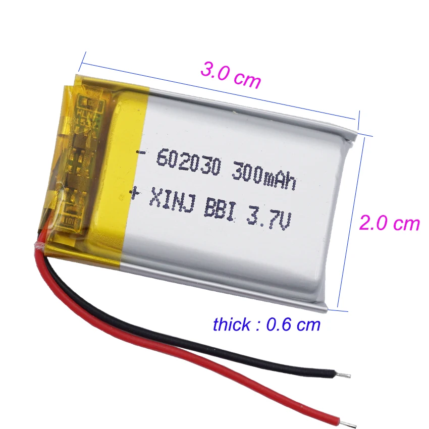 2Pcs 3.7V 300mAh 1.11Wh Li-Polymer Rechargeable Lithium Li Battery For GPS Sat Nav Earphone Record Pen Car Camera MP3 MP4 602030