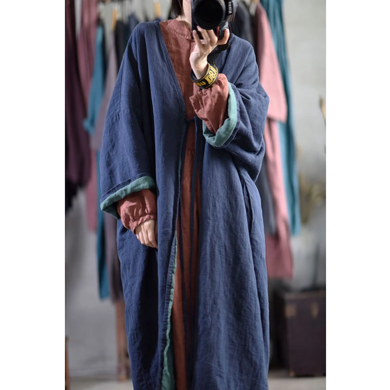 New Arrival Spring Autumn Women Casual A-line Long Trench Good Quality Vintage 100% Cotton Linen V-neck Open Stitch Coats Y227
