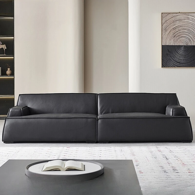 

Italian minimalist all-leather sofa, living room household small apartment, black straight row first-layer cowhide sofa
