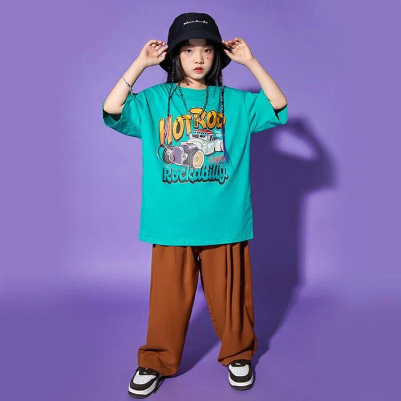 Trajes de Kpop para niños, ropa de Hip Hop, camiseta verde, ropa de calle informal, pantalones de sudor para niña, ropa de baile de Jazz, disfraz de espectáculo