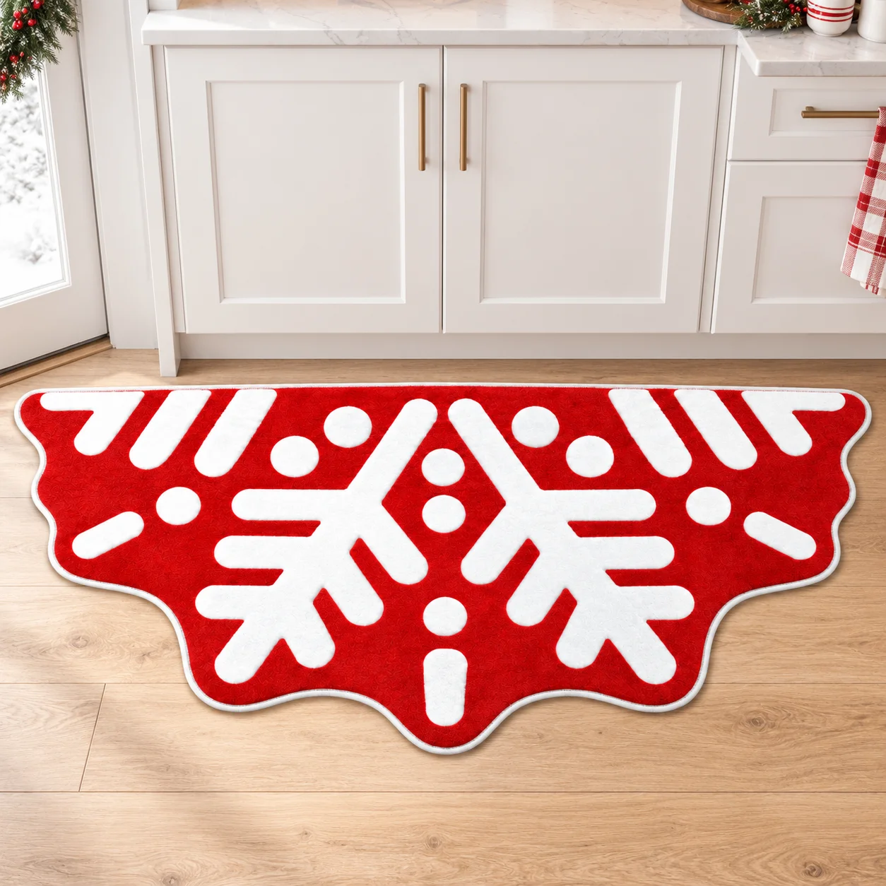 Christmas Cute Red Snowflake Shaped Area Rug Irregular Floor Mat for Bedroom, Entryway, Living Room and Modern Home Decor Gift