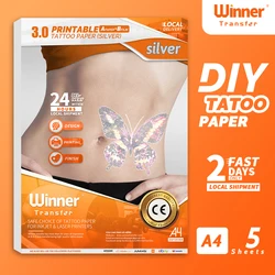 WinnerTransfer papel de transferencia de tatuaje plateado imprimible, bricolaje, tatuajes temporales para impresora de inyección de tinta y láser, papel de impresión de tatuaje A4