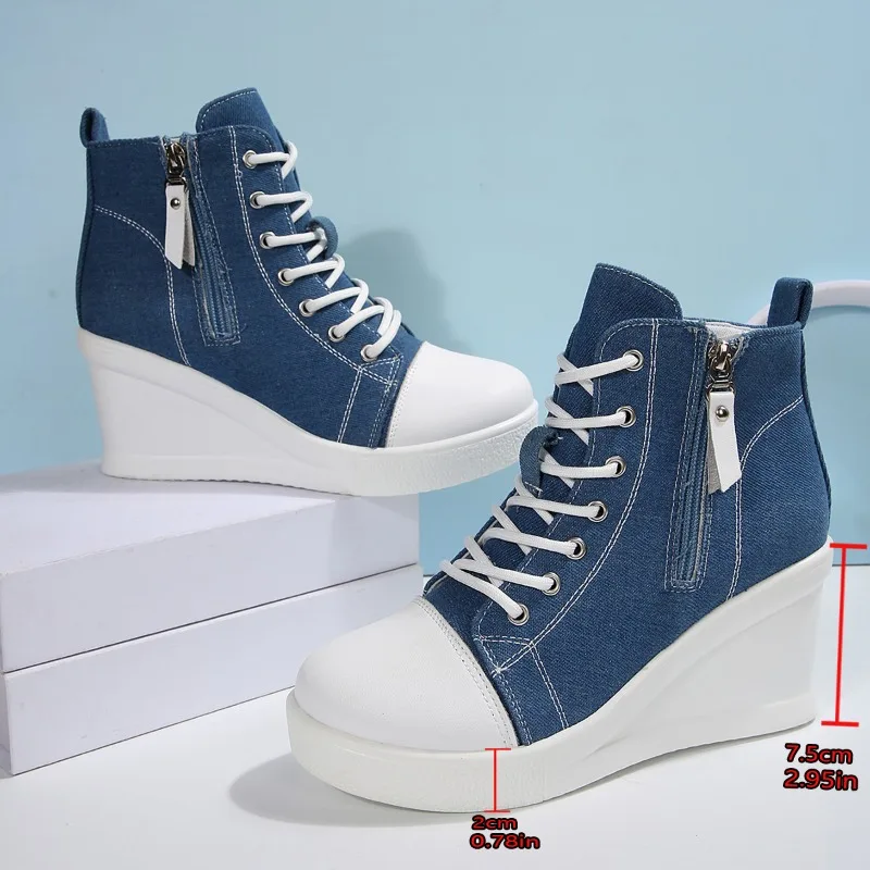 

Plus Size Wedge High Top Fall Fashion Round Toe Spliced Lace-Up Denim High Heeled Single