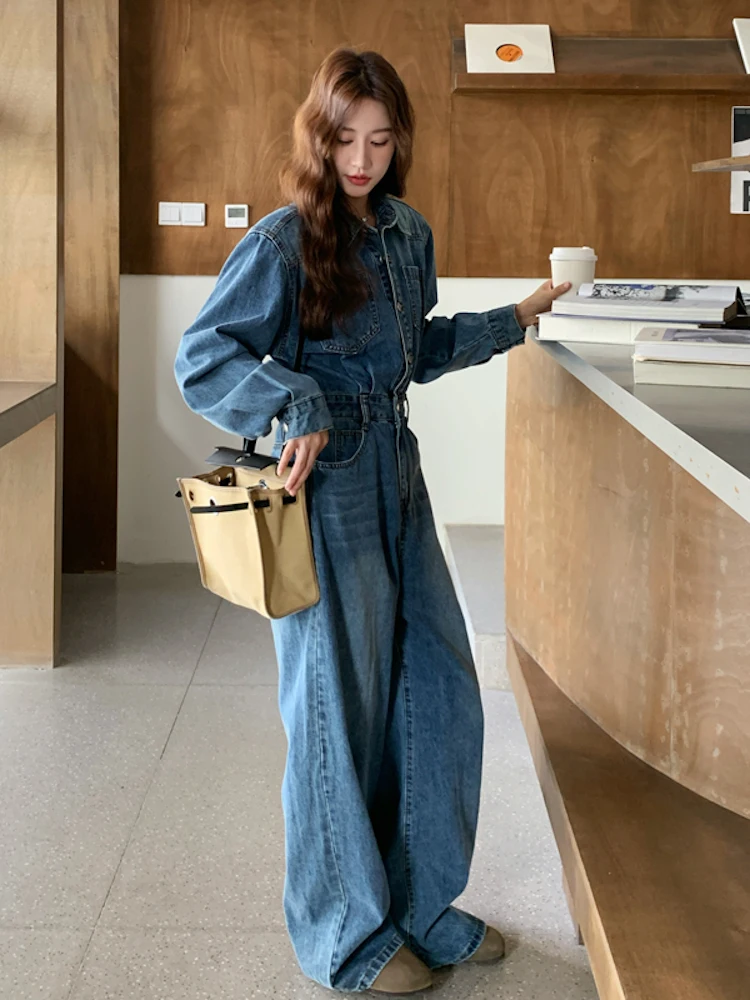 

Повседневная рабочая одежда в стиле ретро, джинсовые комбинезоны, женские прямые брюки с высокой талией и широкими штанинами длиной до пола, осенние свободные женские брюки