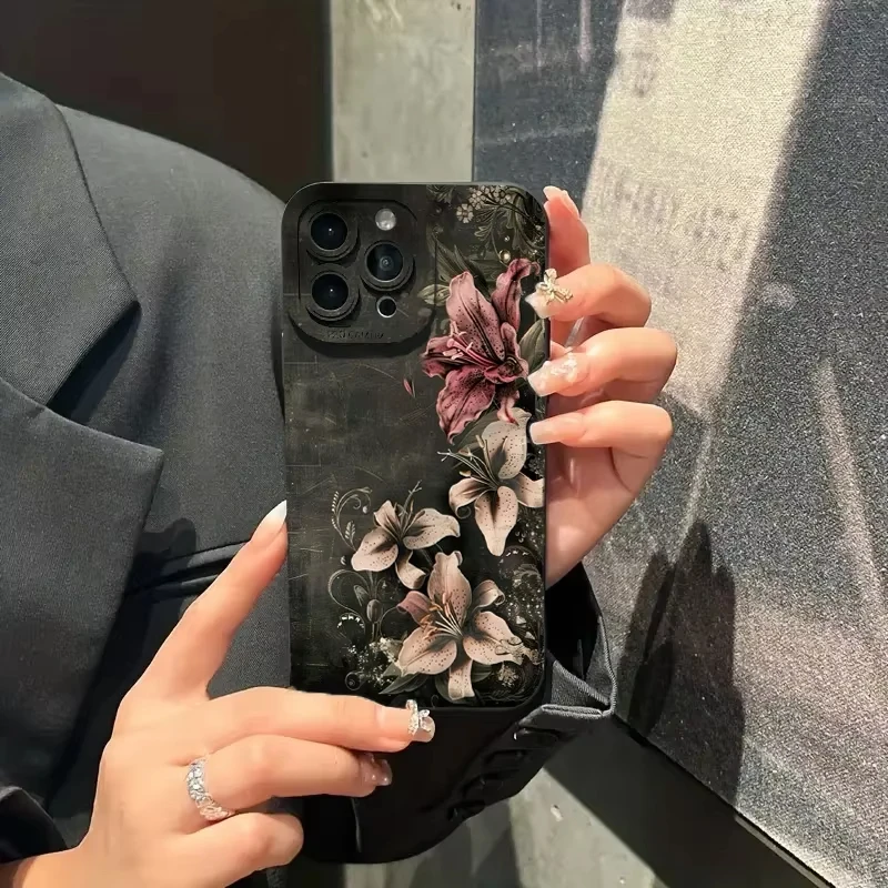Flower Vintage Floral Black Background Shockproof Phone Case For iPhone 11 12 13 14 15 16 Pro Max XS X XR 7 8 Plus 16e 16 Cover - náhled 3