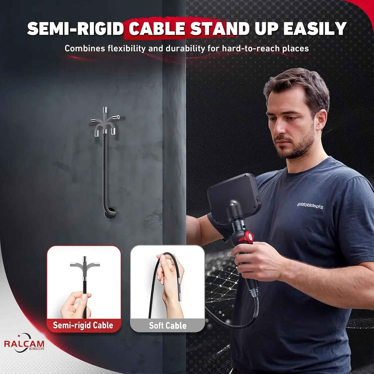 Boreskop Artikulasi Dua Arah RALCAM, Kamera Inspeksi Endoskop dengan Lampu, Lensa 6.2mm untuk Mekanik Otomotif dan Rumah Tangga