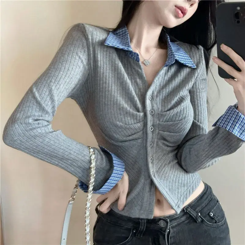 Tops plisados de retazos a cuadros de estilo Preppy, camisetas dulces de manga larga con cuello tipo Polo para primavera y otoño, ropa de moda coreana para mujer