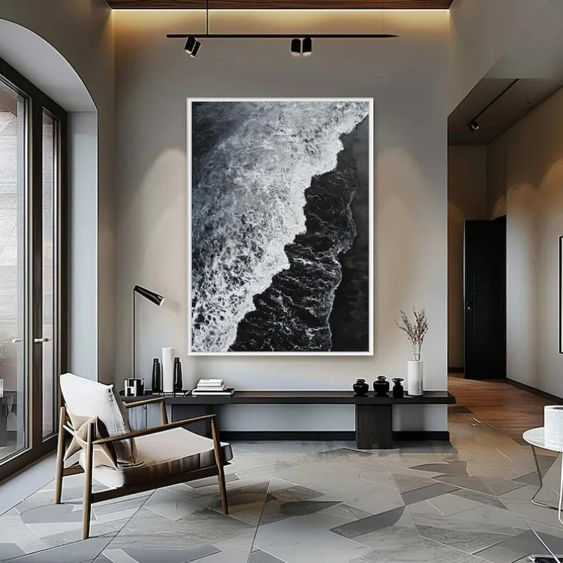 

Абстрактная черно-белая волна, картина на холсте, безрамная абстрактная текстурированная настенная живопись с морским пейзажем для декора гостиной и отеля