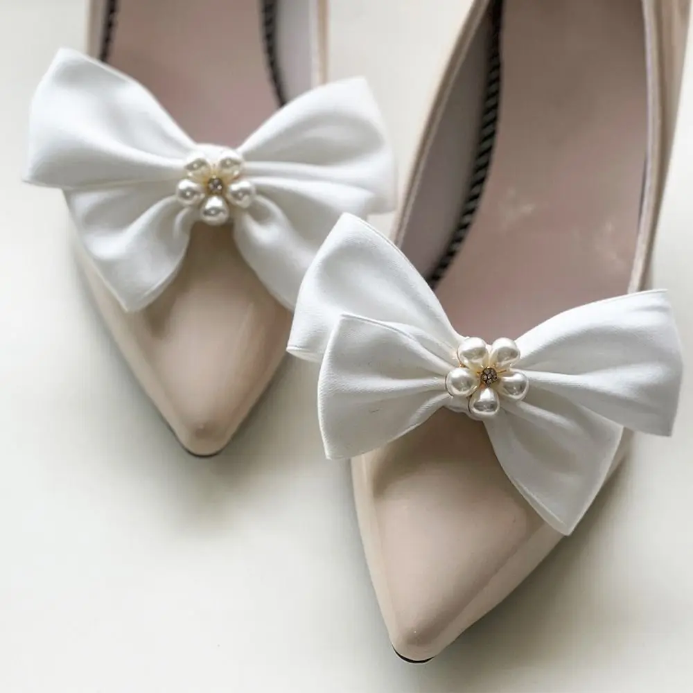 2 Pcs Elegant Bowknot Shoes Buckle with Pearl Shoe Clips Women Removable Wedding Shoe Decoration Charms DIY Crafts