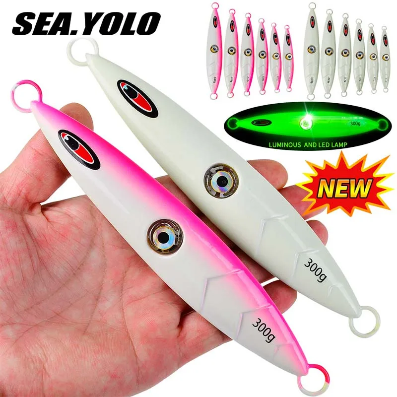 

Sea.Yolo 100 120 150 200 250 300g Fishing Lure Lead Fish Iron Plate LED Fish Eye Luminous Ocean Fishing Artificial Fake Bait