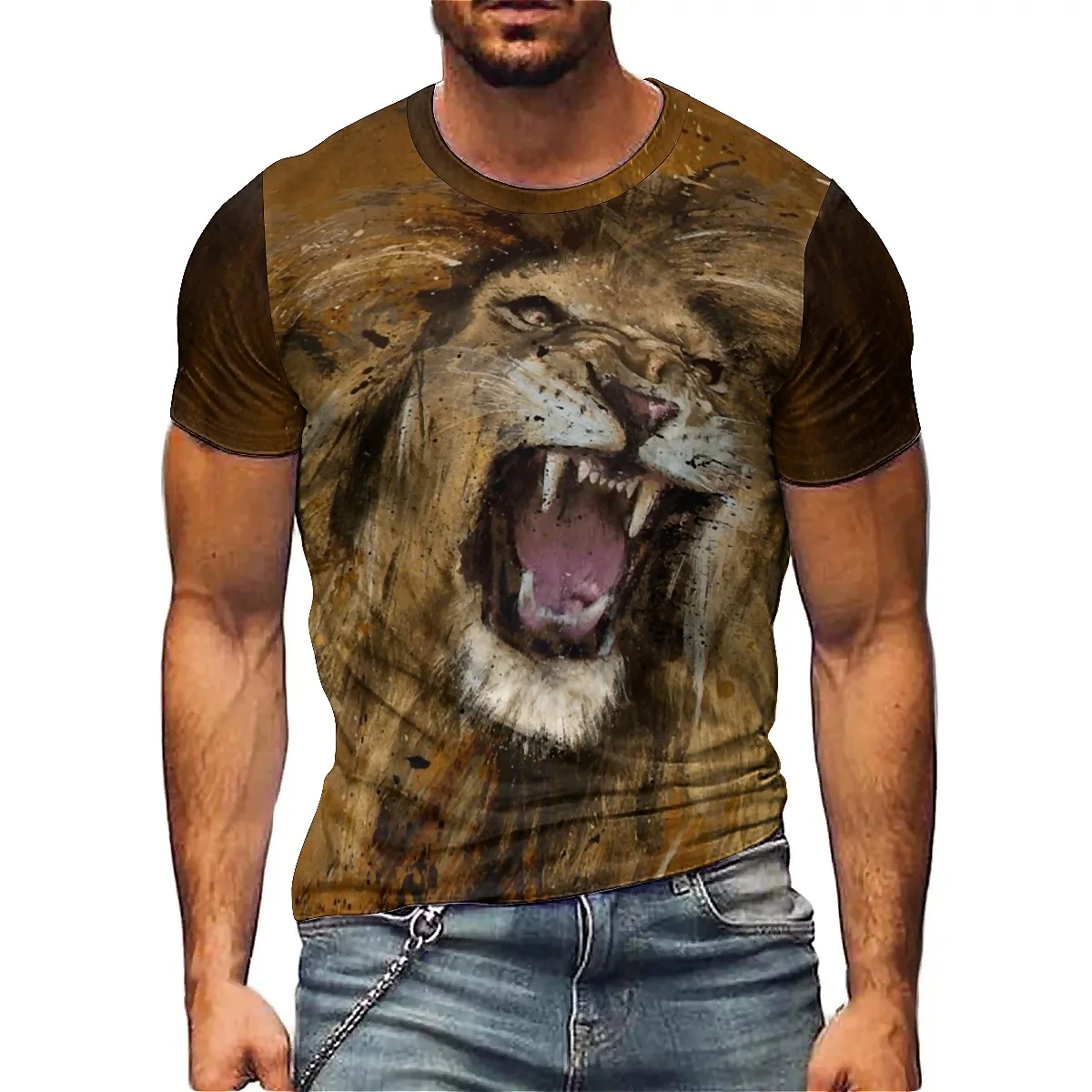 Colorblock Ink-splashed Men's 3D Printed Short-sleeved T-shirt, Smooth Fabric, and Printed Short-sleeved T-shirt Tops