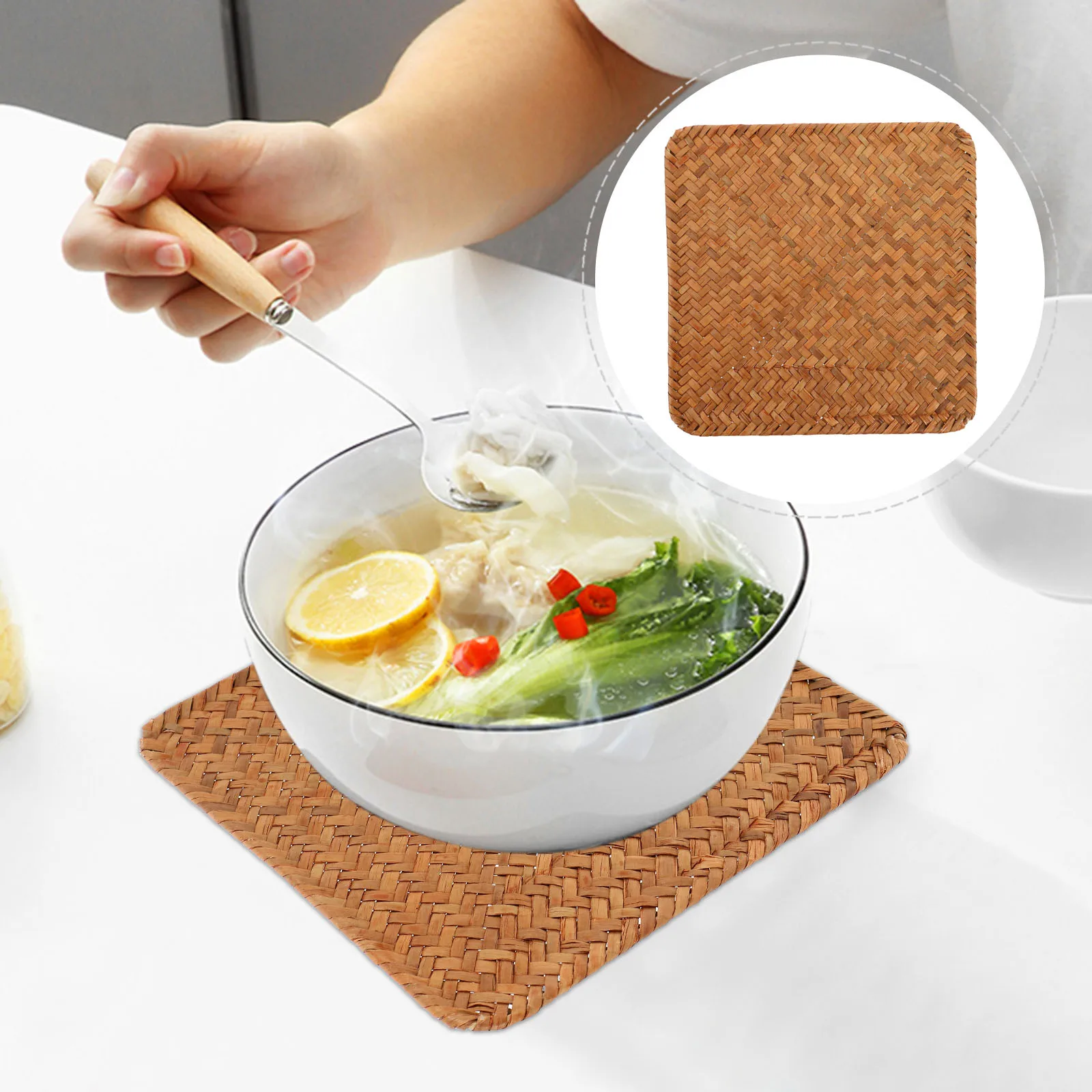

Vintage Woven Seagrass Placemats 20X20Cm Non-Slip Heat Insulated Boho Style Dining Table Mats For Kitchen Rectangular Rattan