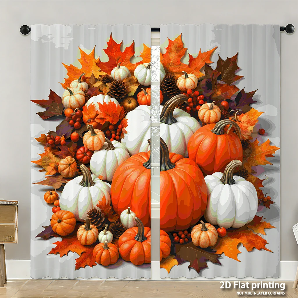 

2-piece set of high-definition digital printed curtainsautumnPumpkinsWhiteOrangeLeavesFallDecorHome decoration style