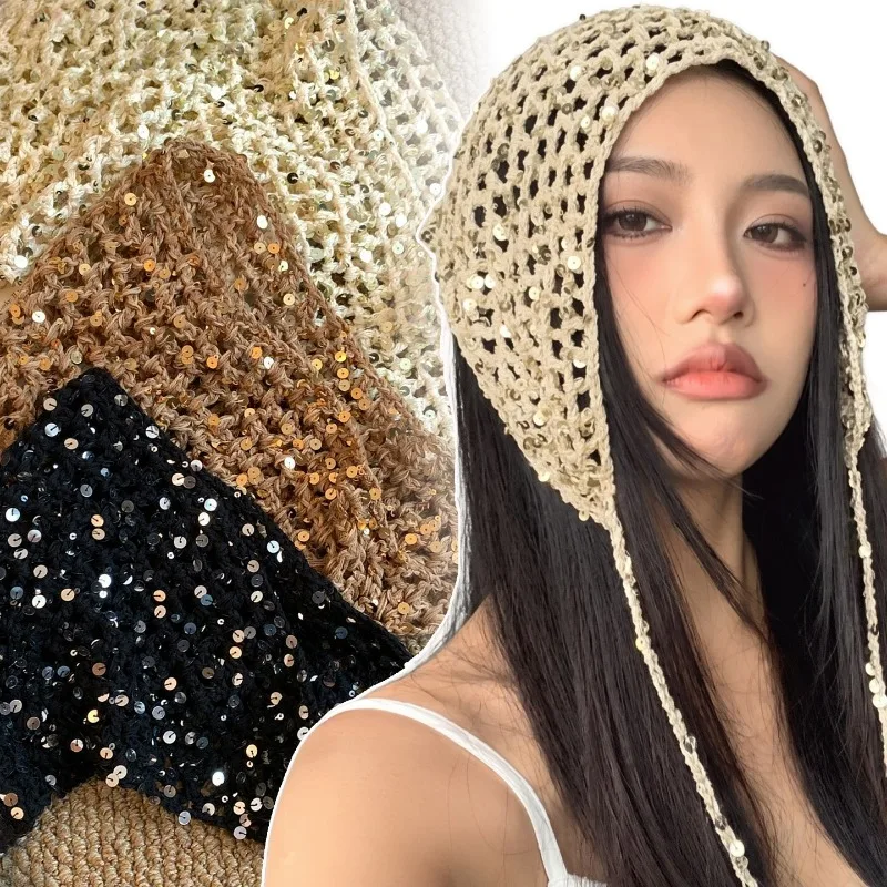 Sequined Triangle Beanies Headband Hollow Knit Mesh Hats Waist Belt Mesh Shawl Wrap Womens Crochet Headscarf Accessories Summer