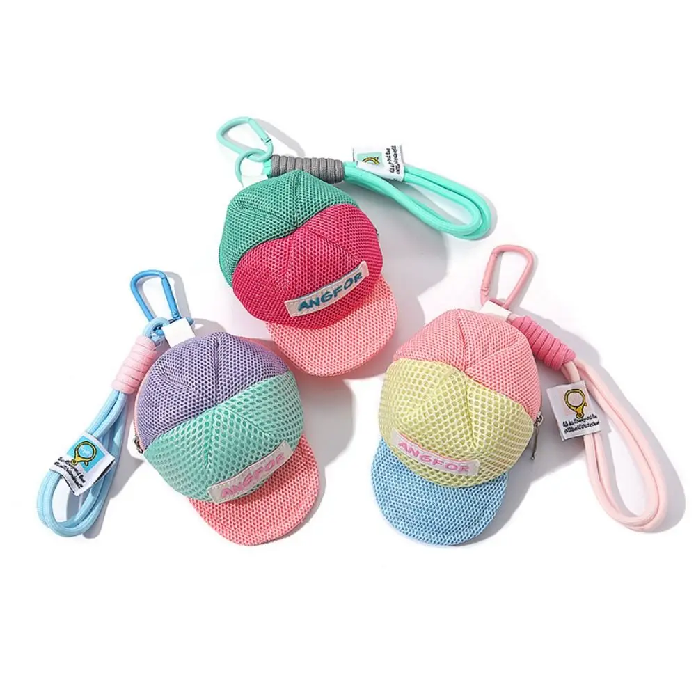 Keychain Hat Shape Coin Purse with Handle Rope Anti Loss Creative Hat Mesh Pouch Cartoon Zipper Closure Portable Wallet Bag