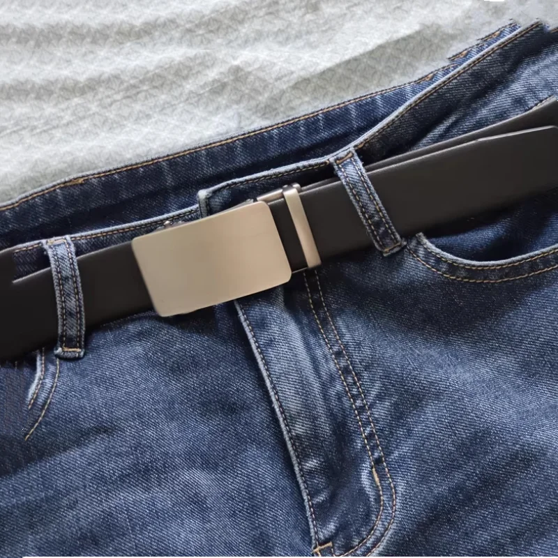 Official Genuine Men's Leather Belt Hard Alloy Automatic Buckle Belt Male Natural Cowhide Non-porous Thin Belt