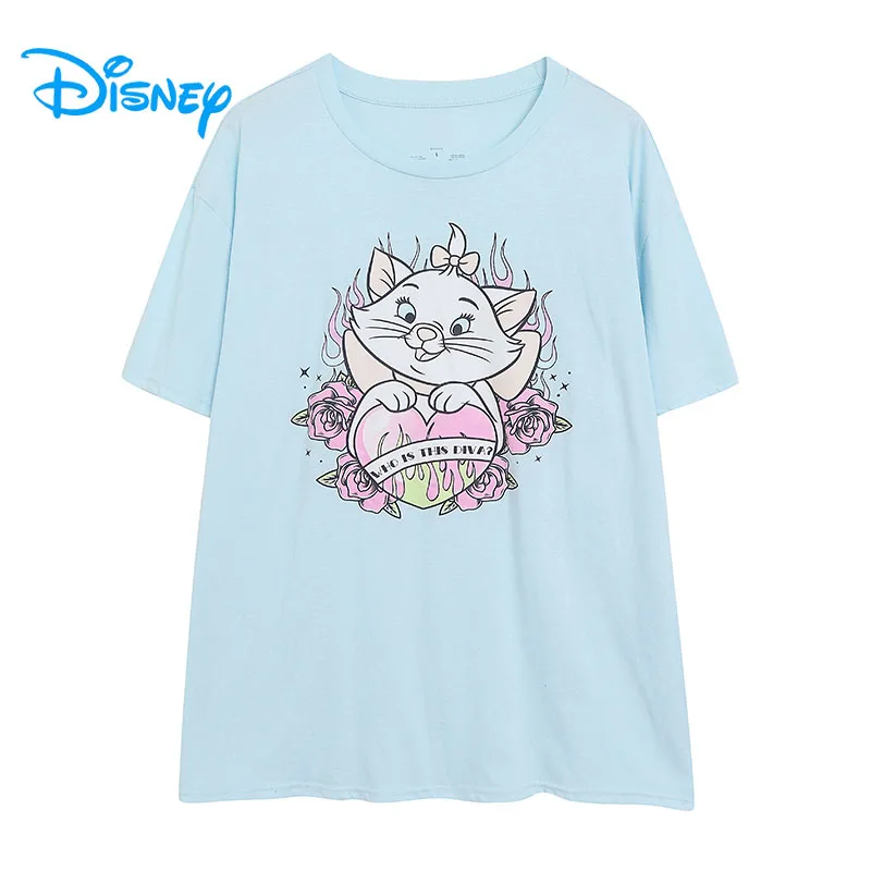 

Disney Cute Marie Cat T Shirt O Neck Short Sleeve Heart Print Women Casual Loose Tee Female Cartoon Tshirt Top Summer Streetwear