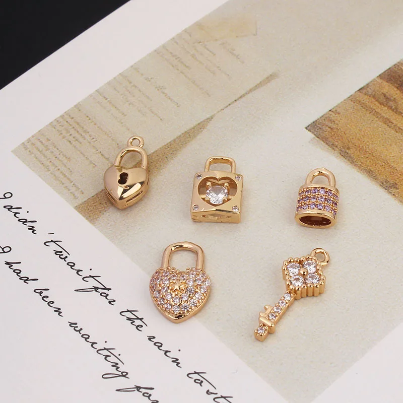 6pcs Copper Plated Gold Microinset Zircon Key Love Lock Small Pendant Diy Jewelry  Earrings Handmade Material Pendant Charms