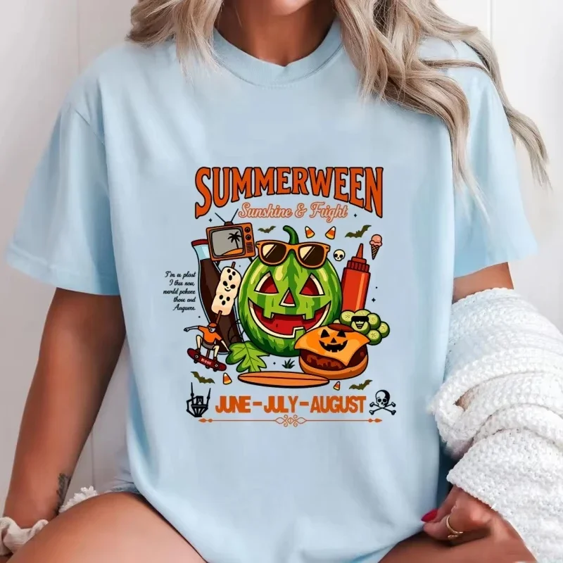 Summer Ween Watermelon Pumpkin T-Shirt Spooky Summer Graphic Tee Men Women Summer Cotton Short Sleeve Tees Clothing Tops