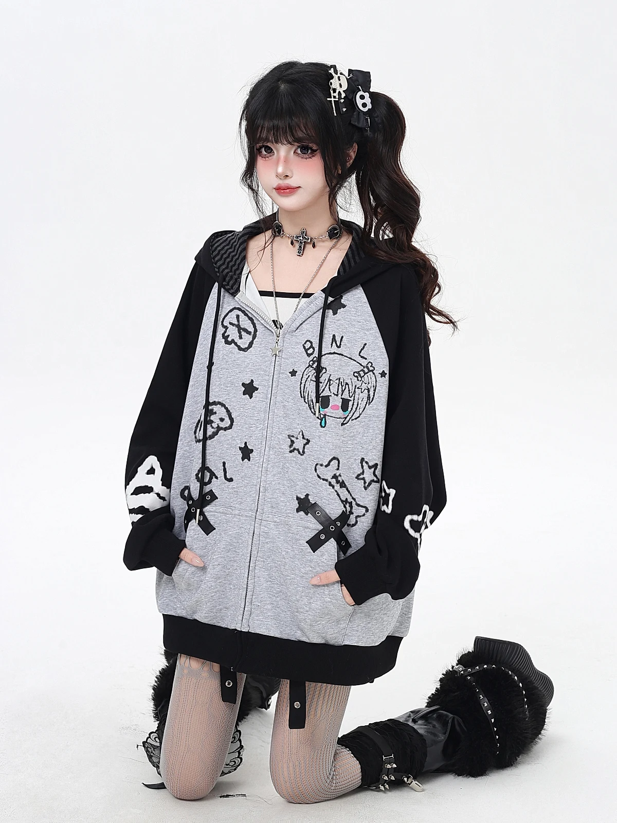 Cartoon Print Sweet Cool Girl Y2K  Zip-up Hoodies Tops Fashion Streetwear Lazy Casual Versatile Sweatshirts Jackets Women Autumn