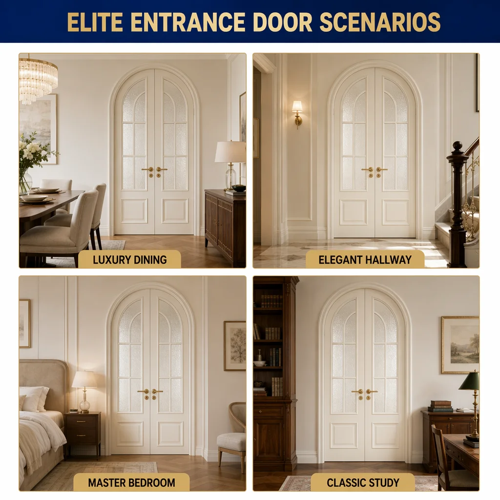 Elegant Vintage Cream Color Arched Double Door, Custom Glass Aluminum Wood Composite Interior Door For Luxury Home Decoration