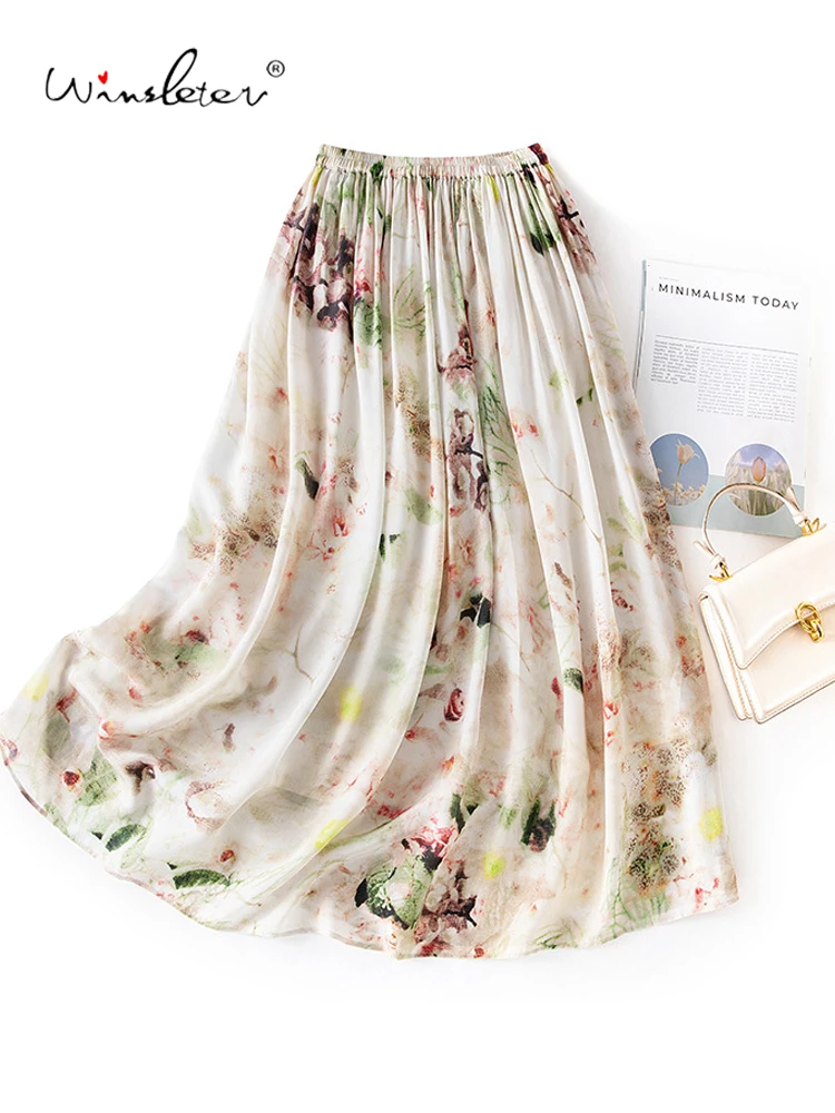 Winsleter-100%Silk Double Crepe Elegant Skirts, Elastic Waist Printed, Women French Party A-line Skirt, 2026 Summer New B63944CC