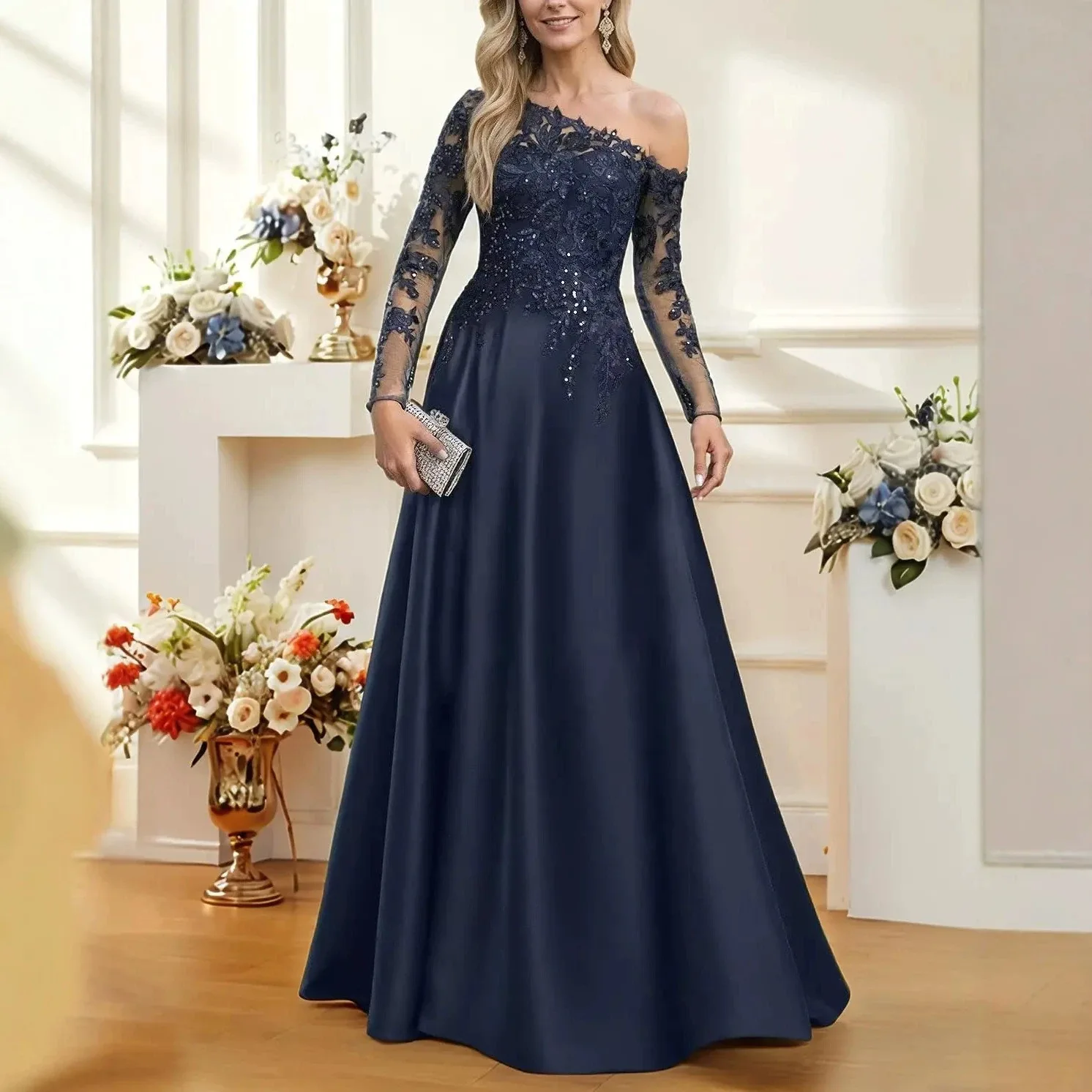 

QMQNSHA One-shoulder Asymmetrical Neckline Evening Gown 2026, Feminine Lace Dress Wedding Banquet Dress Long Style