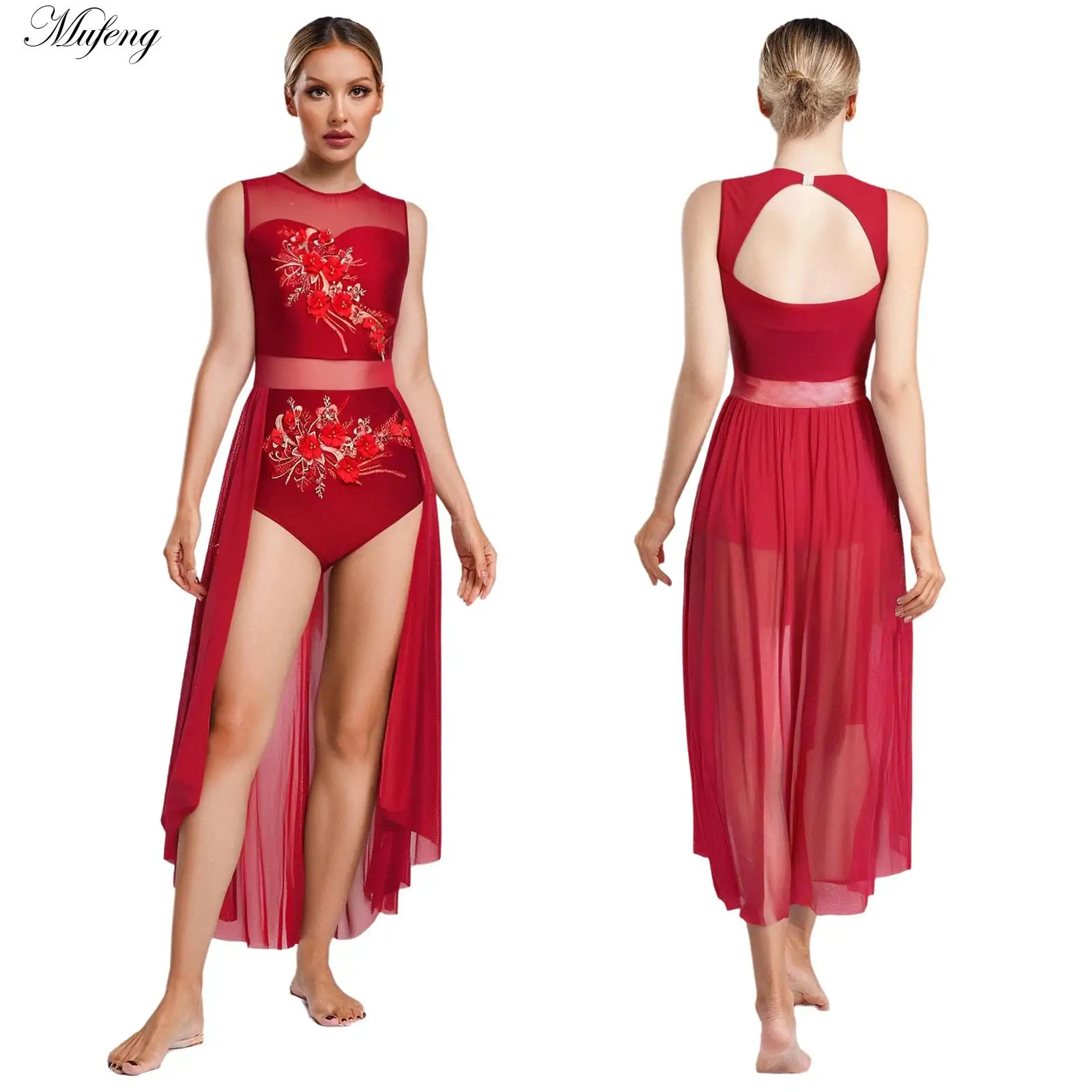 

Women Sleeveless Applique Flower Cutout Back Overlay Lyrical Dance Leotard with Clasp Skirted Costume Contemporary Flowing Dress