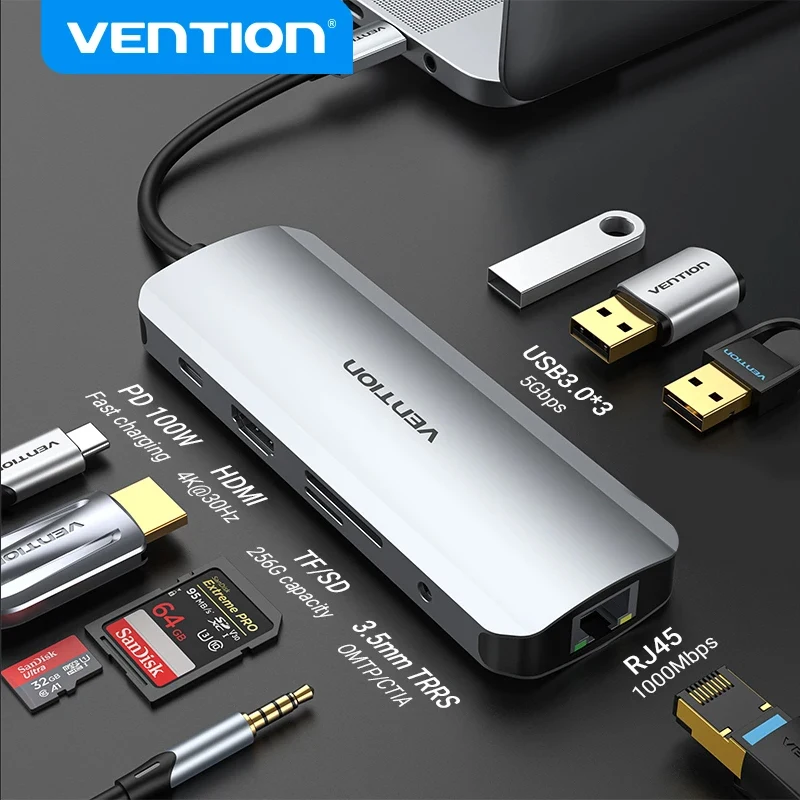 Vention USB C HUB Type C to HDMI4K60Hz RJ45 Adapter Port PD100W docking station for Macbook Air M2 M1 PC Accessories USB 3.0 HUB