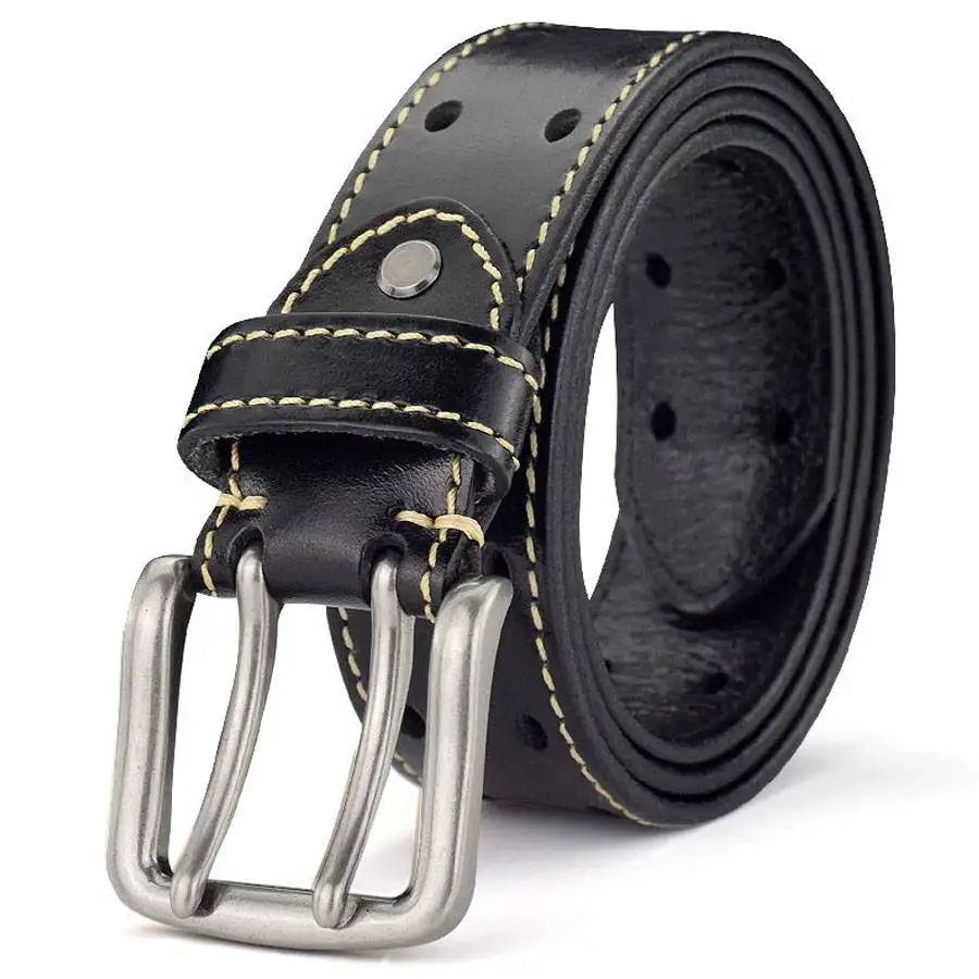 Men's Leather Double Prong Belt New Waistband for Men Classic Hollowed Out Belt Jeans