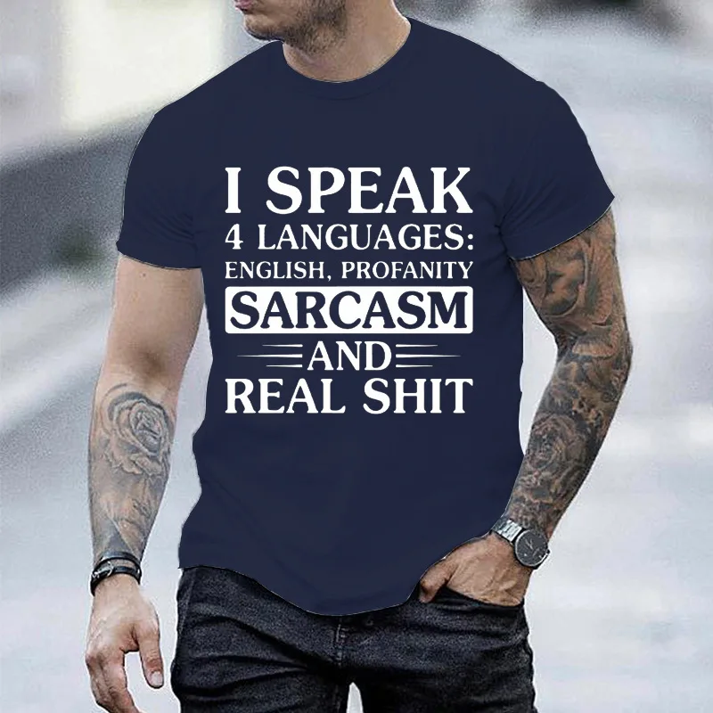 Men's Funny I Speak 4 Languages T Shirt Sarcasm Profanity Graphic Tee O Neck Short Sleeve Casual Streetwear Humorous Slogan Tops