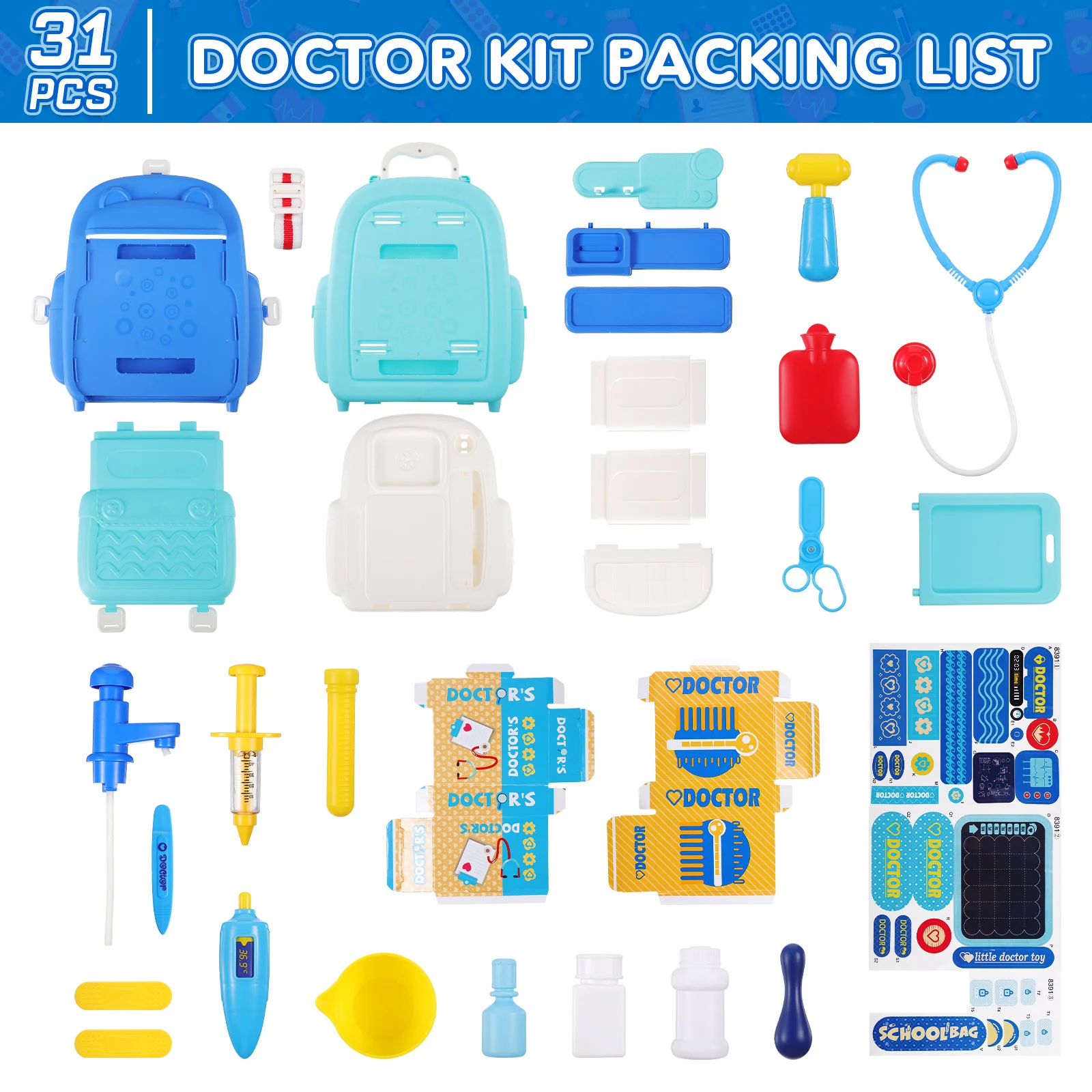 Toyvian-Kit de docteur simulé, ensemble de jeu de simulation 2 en 1, sac à dos Electrolux, jouet pour garçon, cadeaux pour fille, 31 pièces