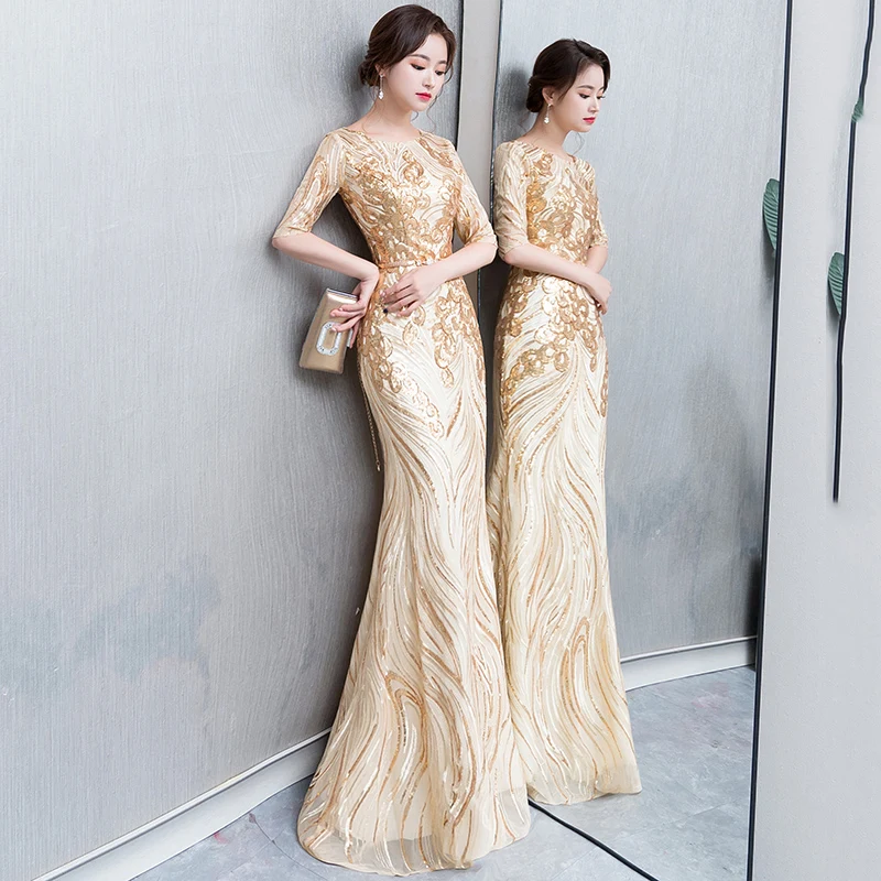 

Gold Evening Gown Long Tail Fibone Women's Dr Ele Lady Sparkling Host Sensual Sliver Screen Par Dr